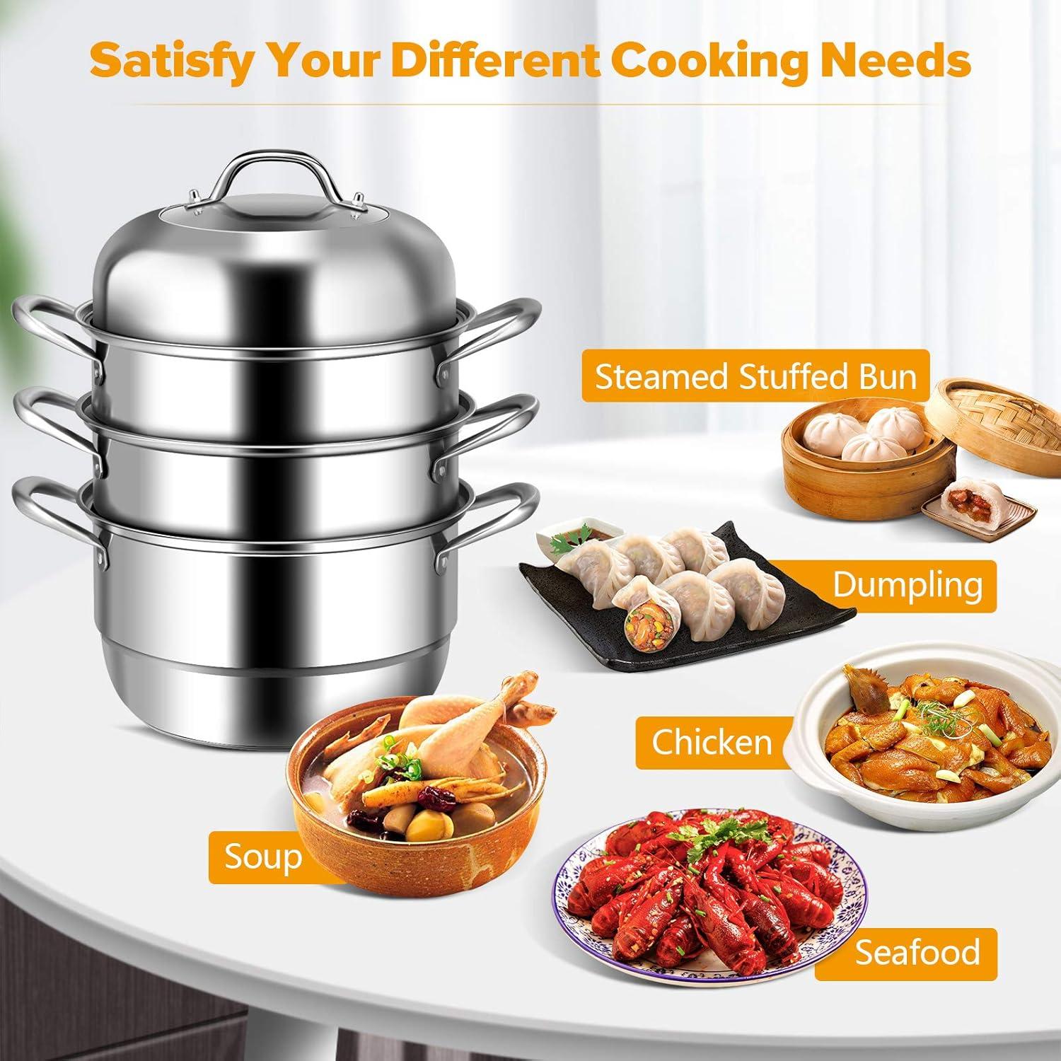 3-Tier Stainless Steel Steamer Pot with Tempered Glass Lid