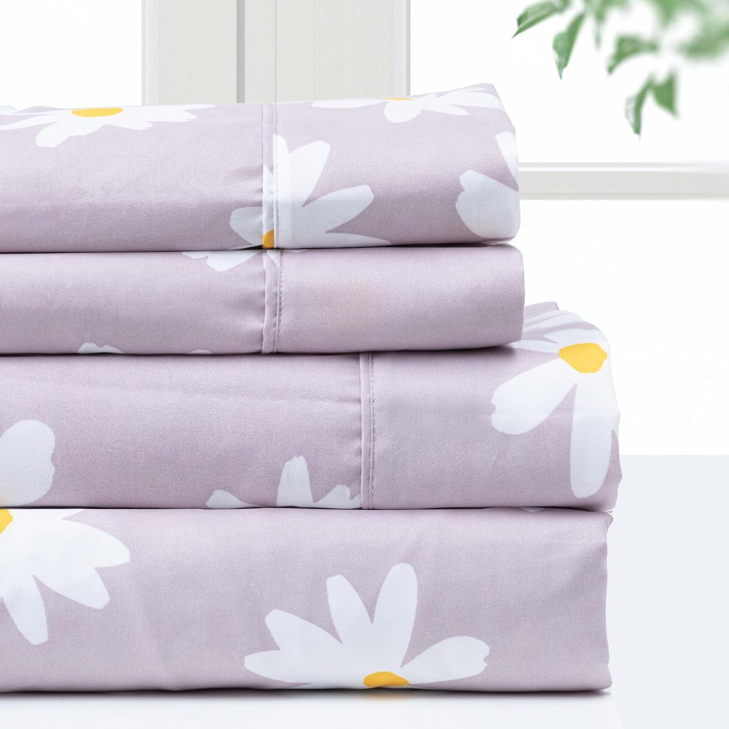 Full Daisy Print Polyester Microfiber Deep Pocket Sheet Set