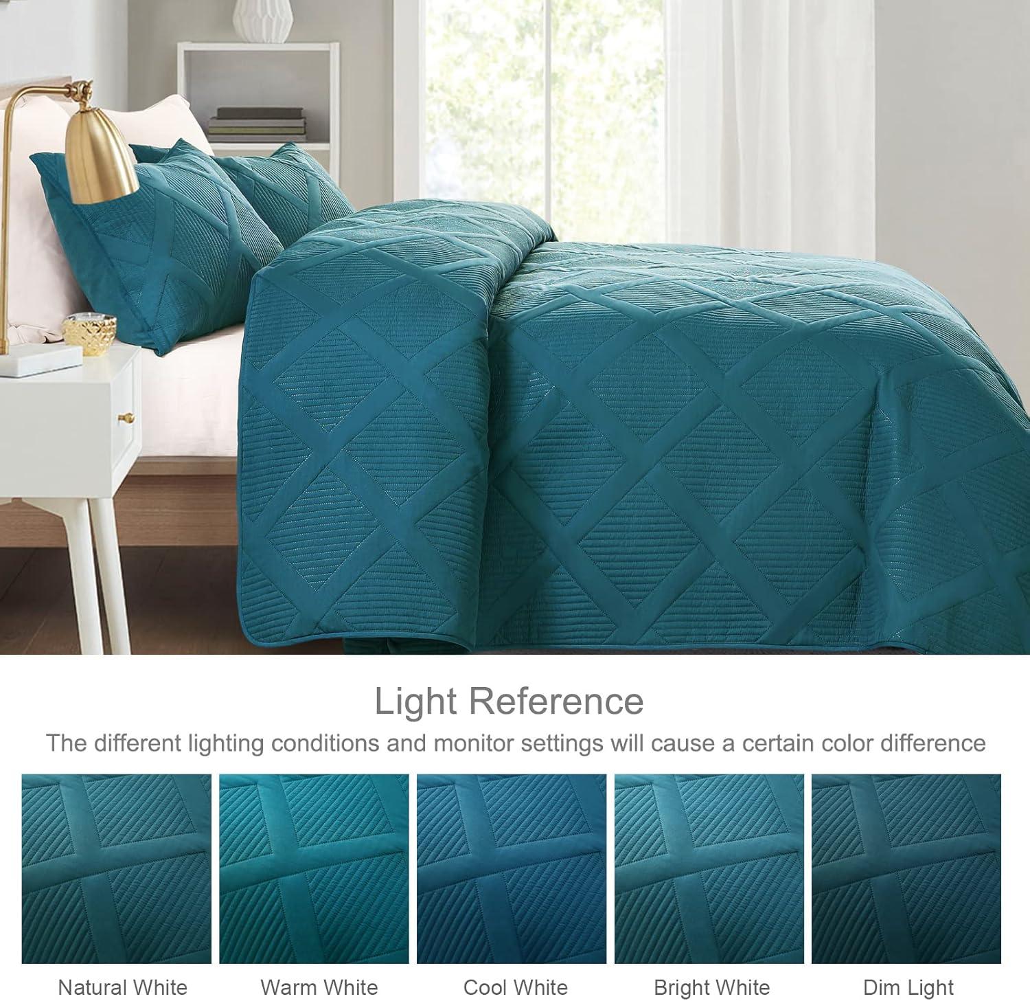 Exclusivo Mezcla Ultrasonic King Quilt Set, 3-Piece Lightweight Bedspreads Modern Striped Coverlet, Teal