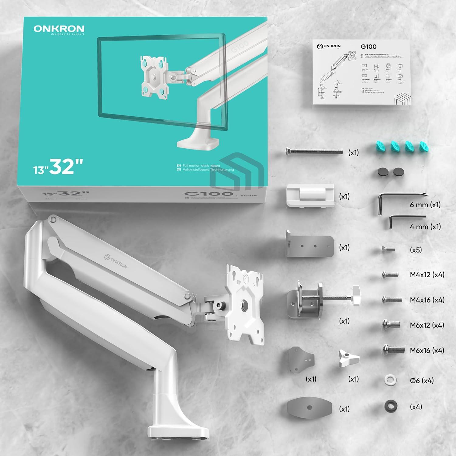 ONKRON Articulating Monitor Mount for 13”-32” Monitors up to 19.8 lbs, Gas Spring Arm, max VESA 100x100