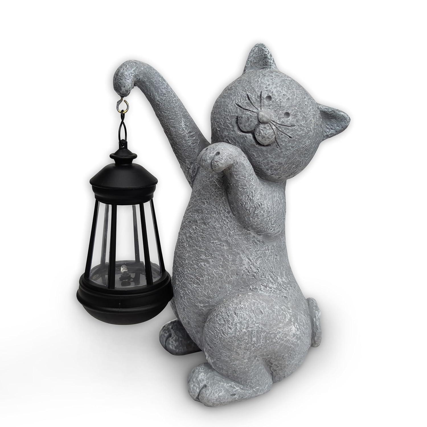 Cat Solar Garden Statues,Resin Cat Figurine Decorations with Solar Lights Lantern, Outdoor，Statue Decor Art for Lawn,Yard,Unique Housewarming Gift for Garden Home