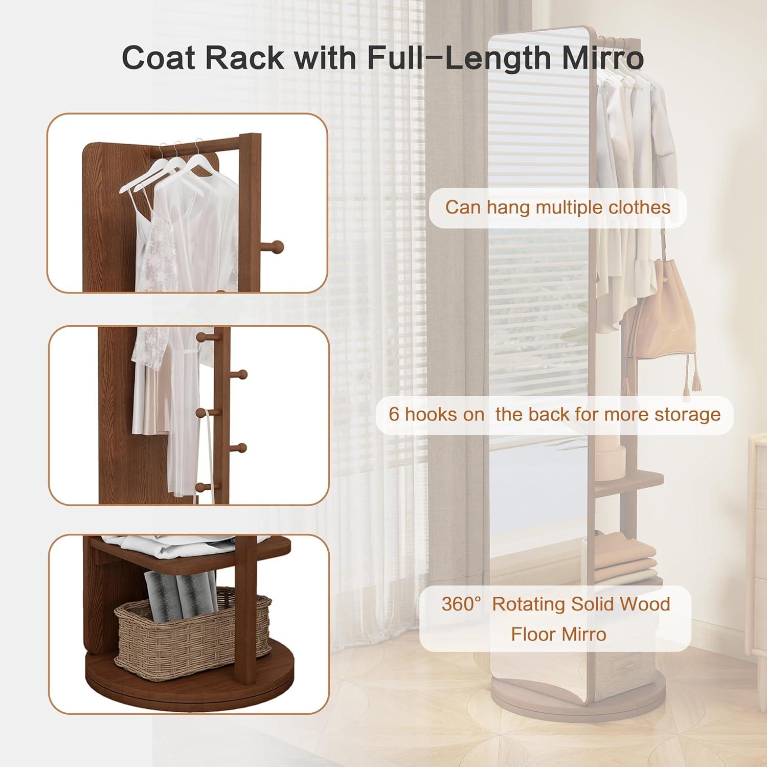 Full Length Mirror with Stand, 360°Swivel Full Body Mirror with Cloak Rack, Modern Standing Mirror for Bedroom Living Room Entryway 65.7" Walnut