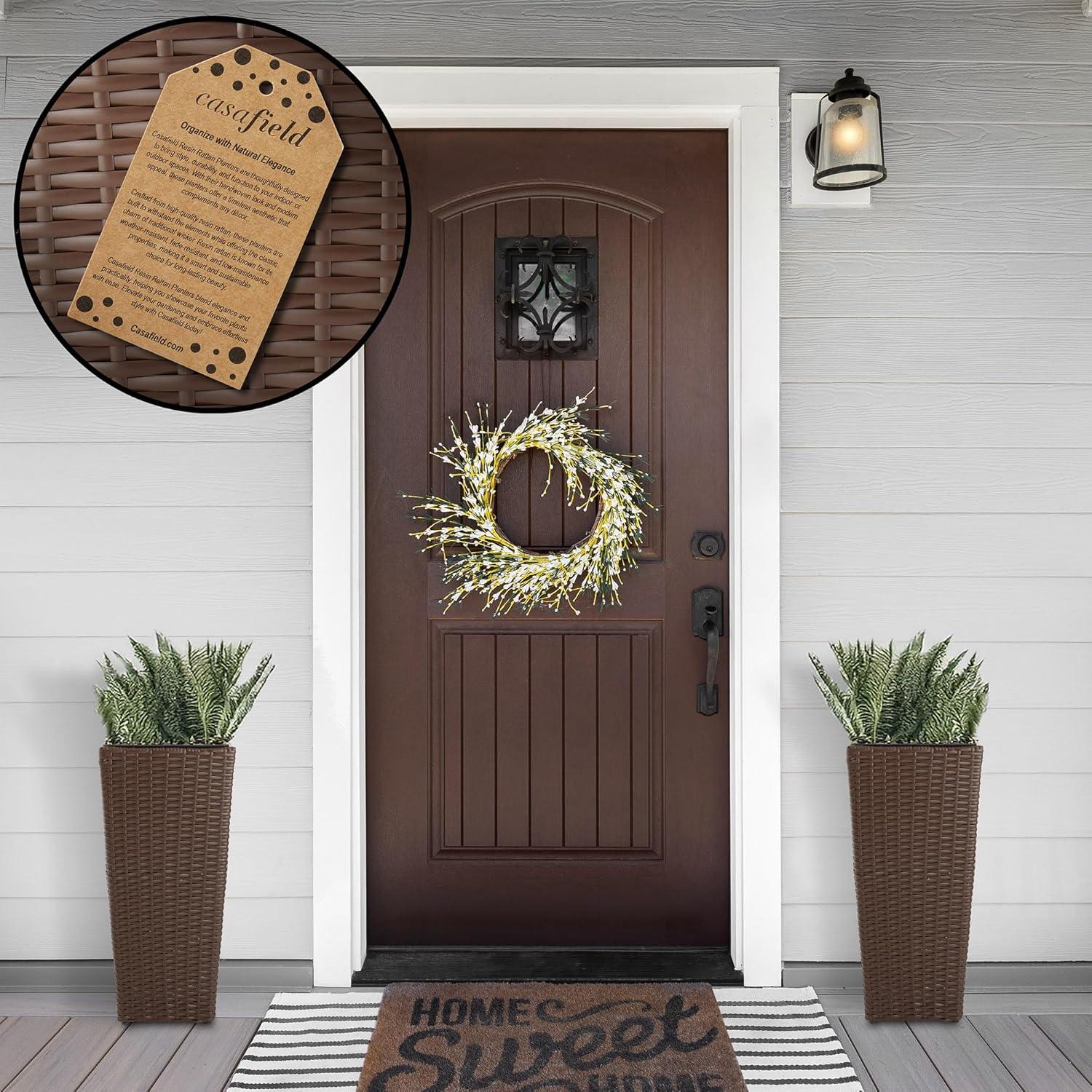 Casafield All-Weather Outdoor Planters with Liners - Set of 2, Tall Tapered Plant Boxes with Flower Pots for Front Porch, Patio, Garden - Espresso