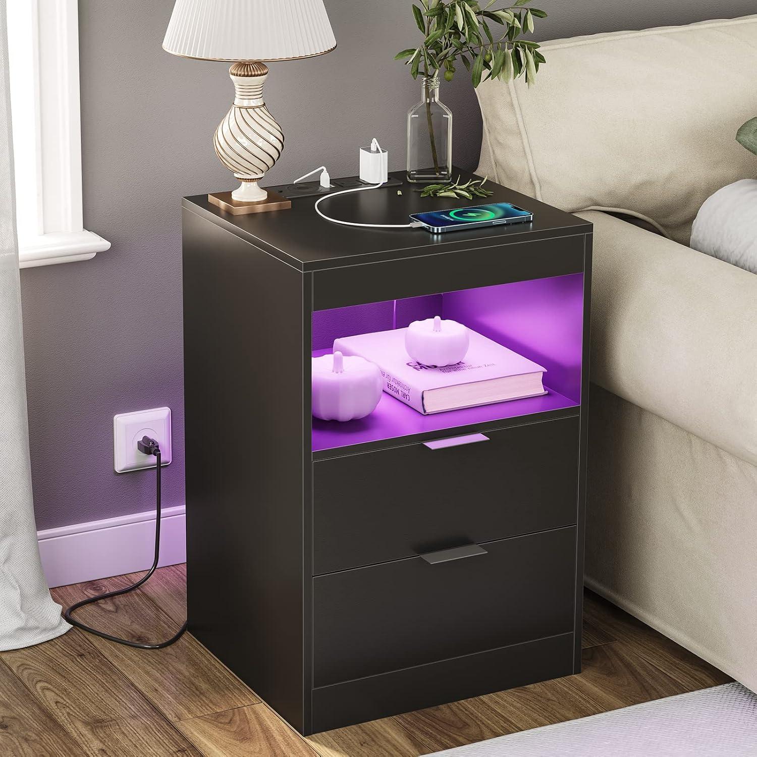 Black Nightstand with Wireless Charging, LED Lights, 2 Drawers