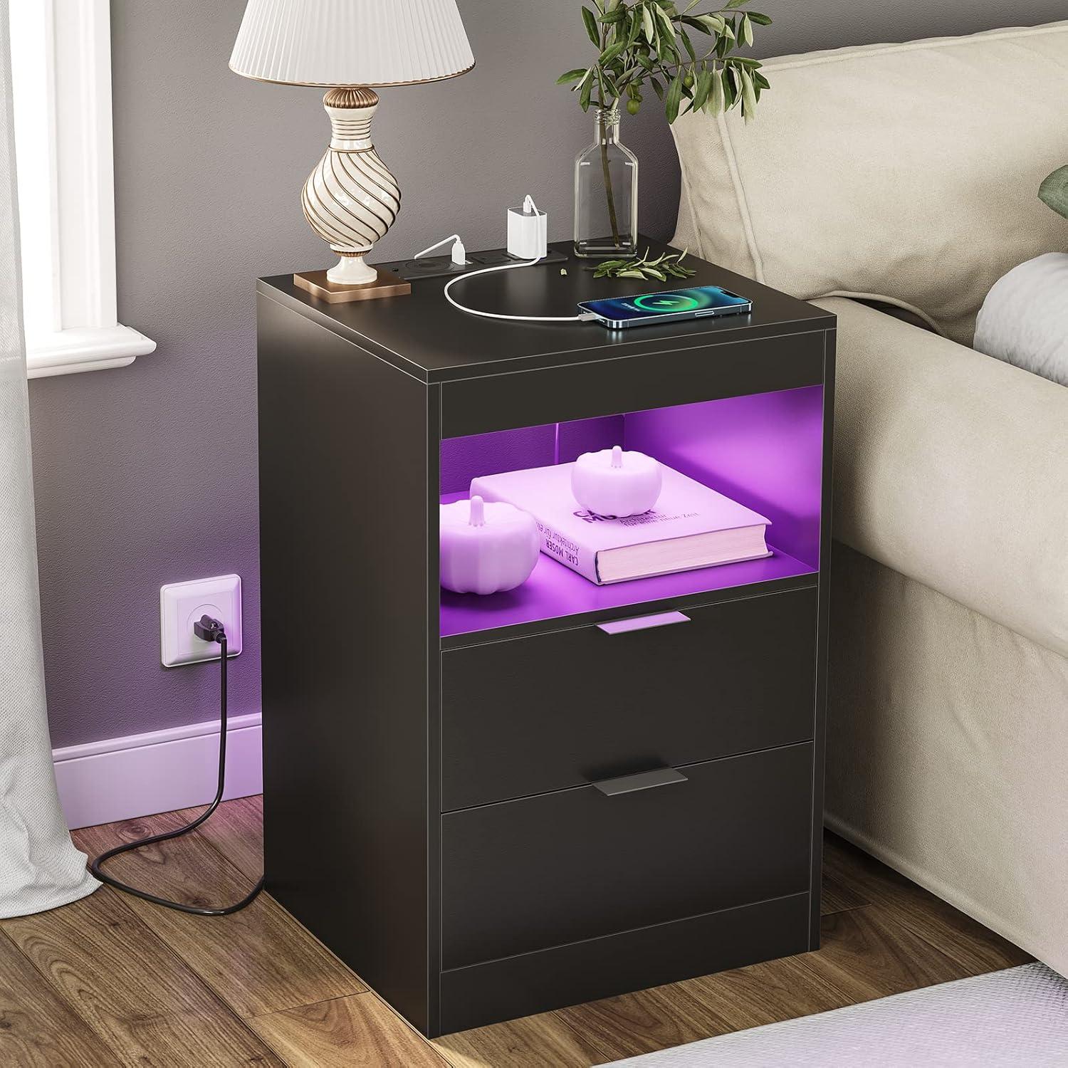 Exlonjet Black Nightstand with Wireless Charging Station and LED Lights, Bedside Table with 2 Drawers, Open Storage, 1 Pull-Out Tray, End Side Table with Charging Station, LED Night Stand with Storage