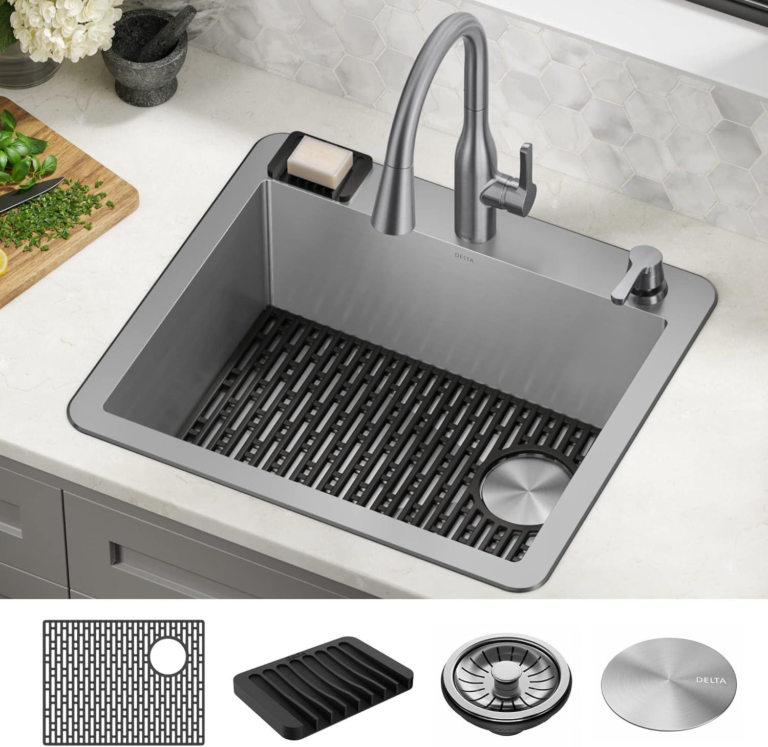 Delta Marca™ Drop-In Undermount Stainless Steel Single Bowl Kitchen Sink with Accessories