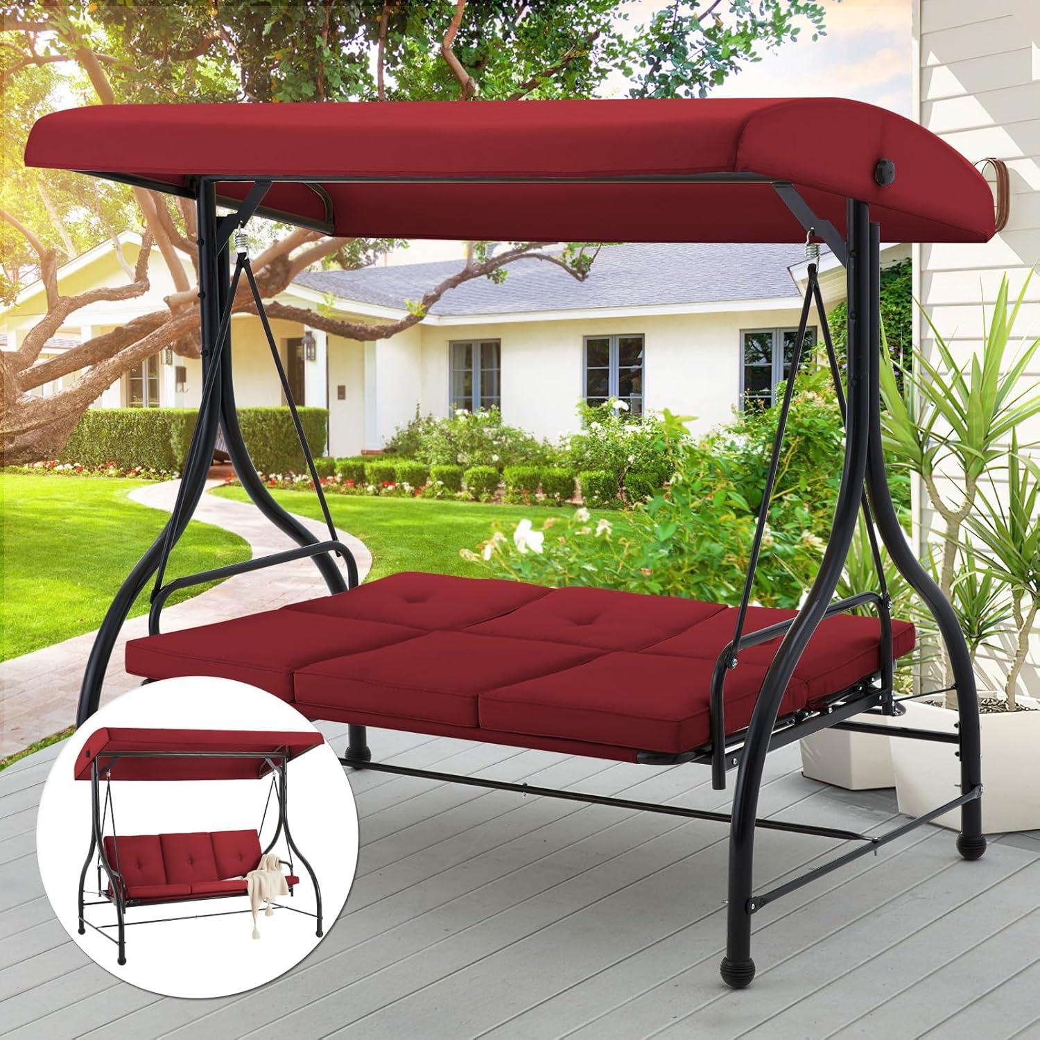 Burgundy 3-Seat Outdoor Swing with Adjustable Canopy and Cushions