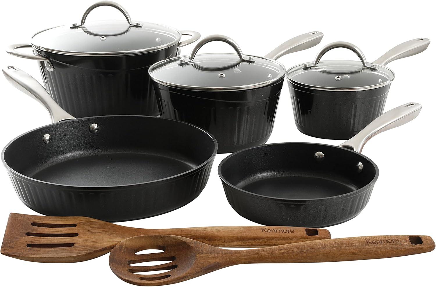 Kenmore Kenmore Logan 10 Piece Aluminum Nonstick Cookware Set In Black With Wood Utensils