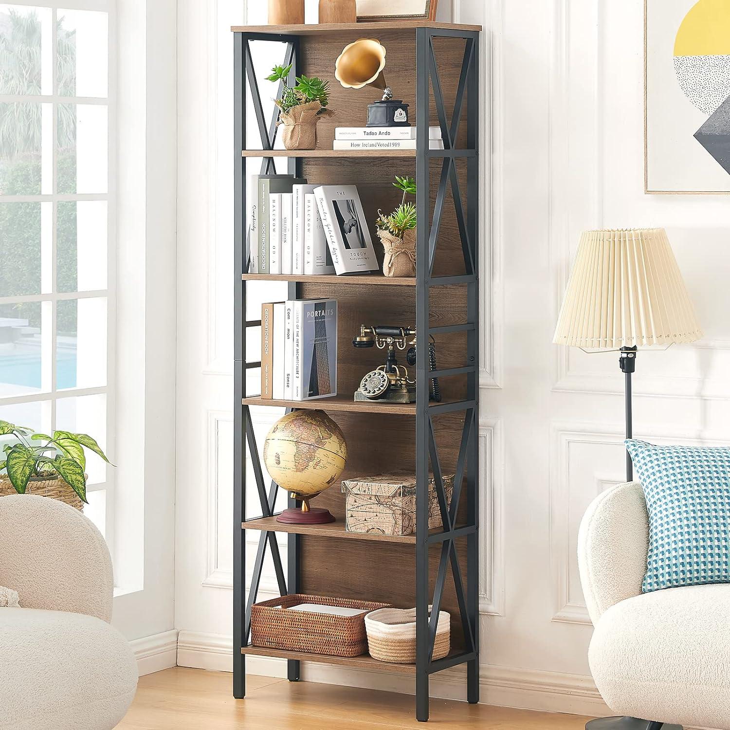 Vintage Brown 6-Tier Adjustable Industrial Bookshelf