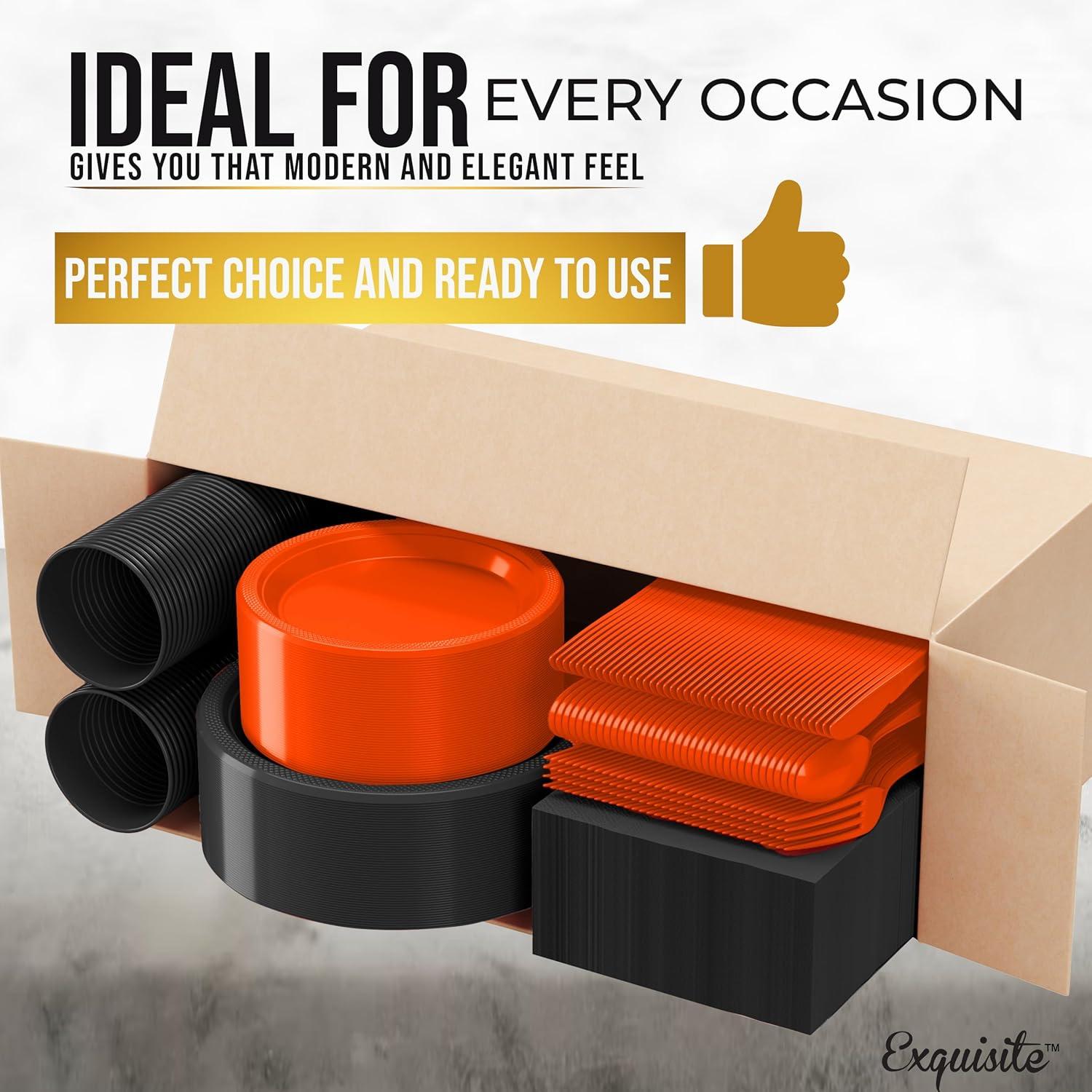 Crown Display 350 Piece Black and Orange Halloween Disposable Plastic Dinnerware party set- Serves 50