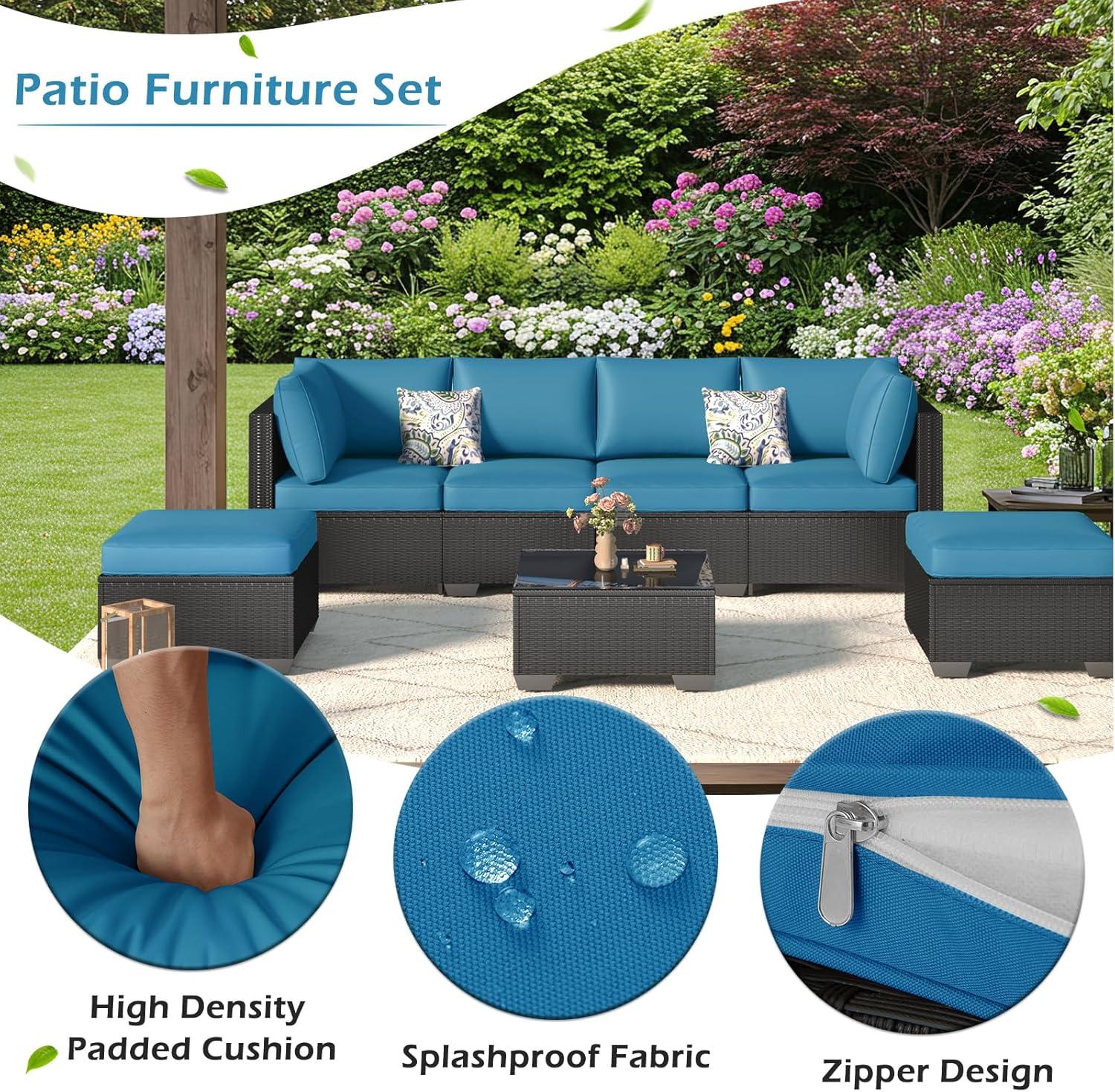 Black Steel Frame 7-Piece Outdoor Sectional Sofa Set with Blue Cushions