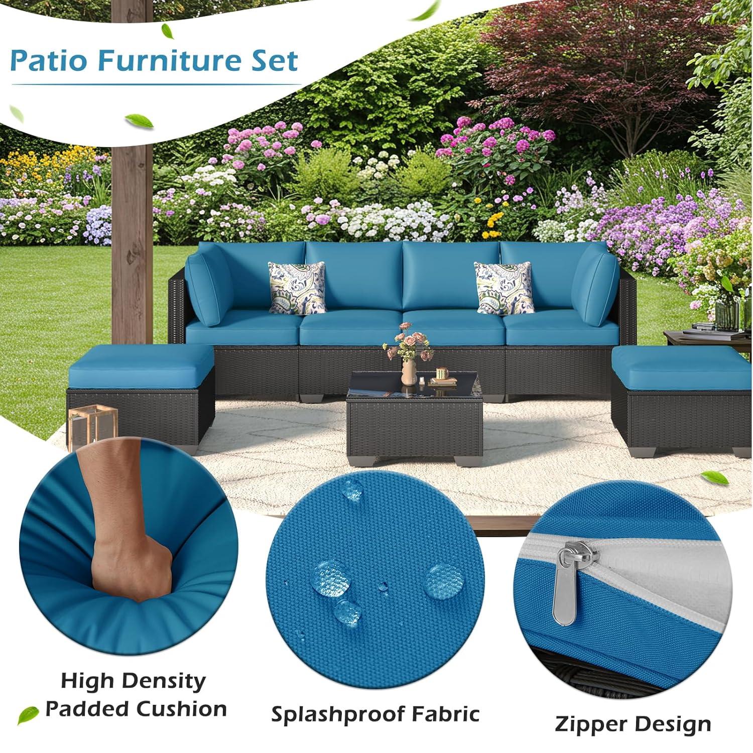 Black Steel Frame 7-Piece Outdoor Sectional Sofa Set with Blue Cushions
