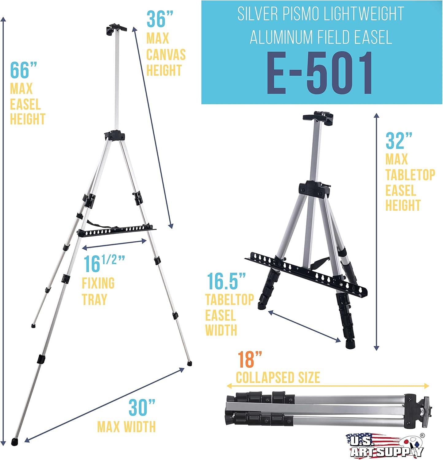 U.S. Art Supply 66" Silver Aluminum Tripod Artist Field and Display Easel Stand - Adjustable, Holds 32" Canvas, Tabletop