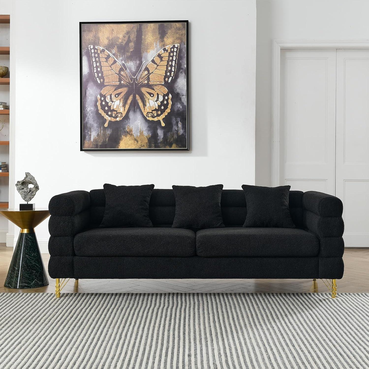 81'' Modular Oversized 3 Seater Velvet Sofa, Deep Seating with 3 Pillows for Living Room, Bedroom, Black - Maison Boucle