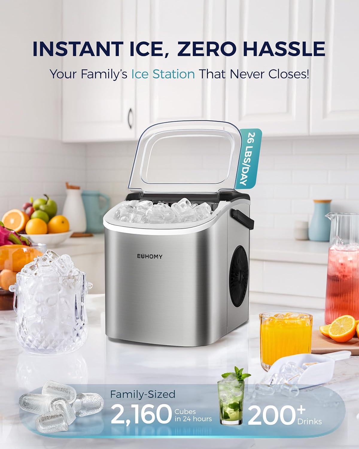 Ice Maker Countertop with Handle, 26lbs in 24Hrs, 9 Ice Cubes Ready in 6 Mins, Auto-Cleaning Portable Ice Maker with Basket and Scoop, for Home/Kitchen/Camping/RV. (2024 New Silver) Utensils