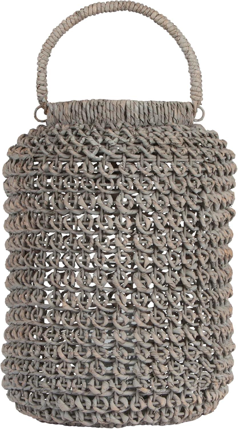 Creative Co-Op Medium Whitewashed Woven Water Hyacinth Lantern with Glass Insert & Handle