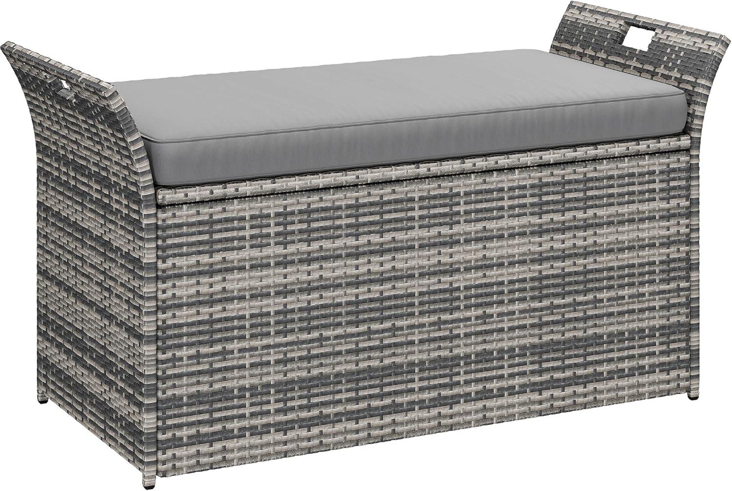 Gray Wicker and Polyethylene Outdoor Storage Bench with Cushion