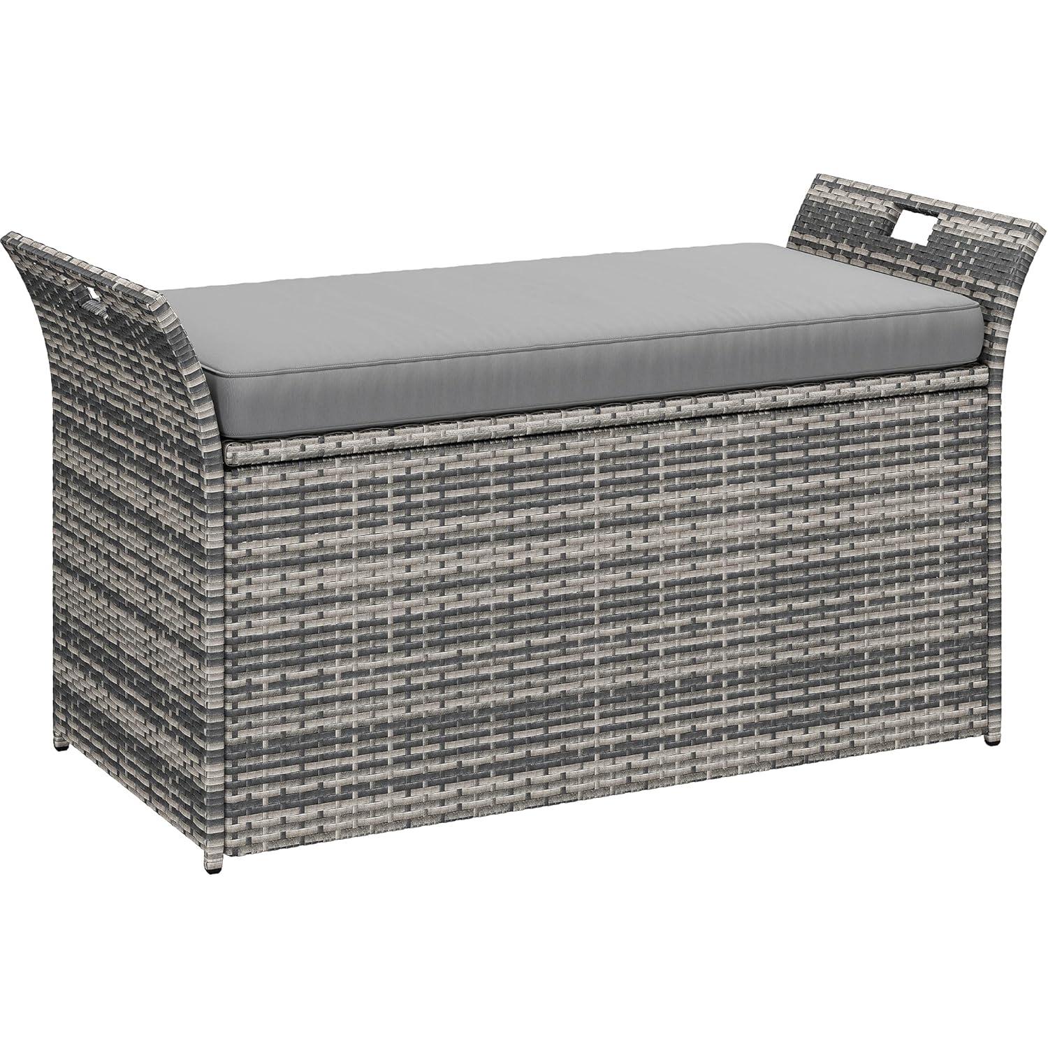 Gray Wicker and Polyethylene Outdoor Storage Bench with Cushion