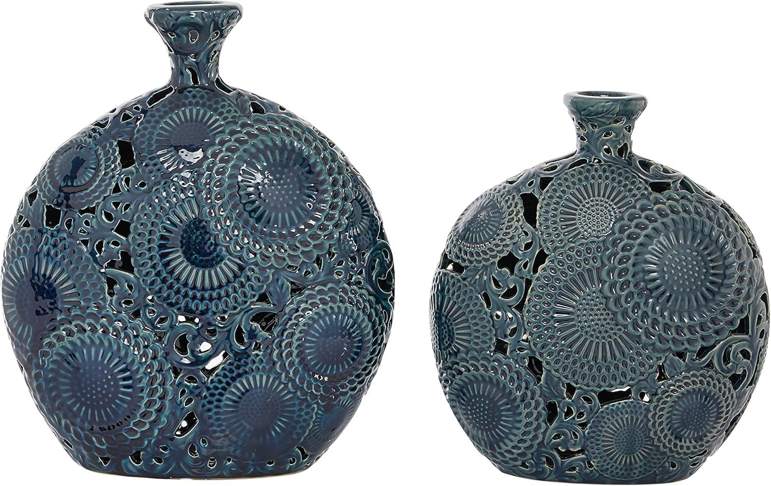 DecMode 16", 13"H Floral Blue Ceramic Vase with Cut Out Patterns, Set of 2