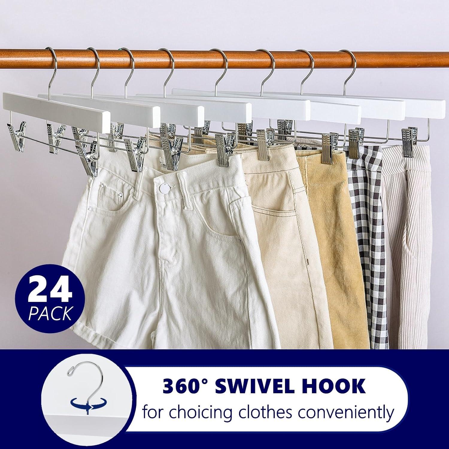 Amber Home 24 Pack White Wooden Pants Hangers with Adjustable Clips