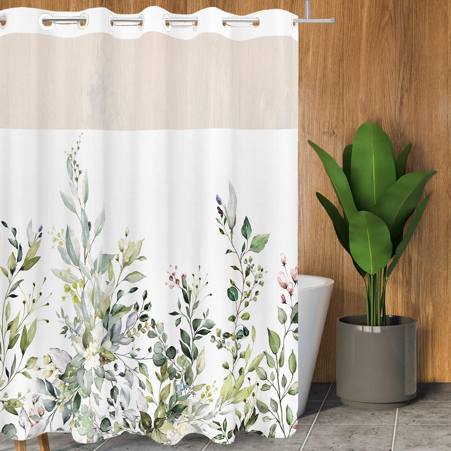 No Hook Shower Curtain with Snap in Liner, Eucalyptus Leaf Vintage Sage Green Leaves Hotel Shower Curtains for Bathroom, Washable Shower Curtain Liner Set with Mesh Top Window, 66"x72"