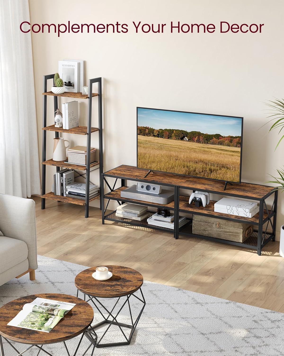 Rustic Brown and Black Steel Frame TV Stand with Shelves