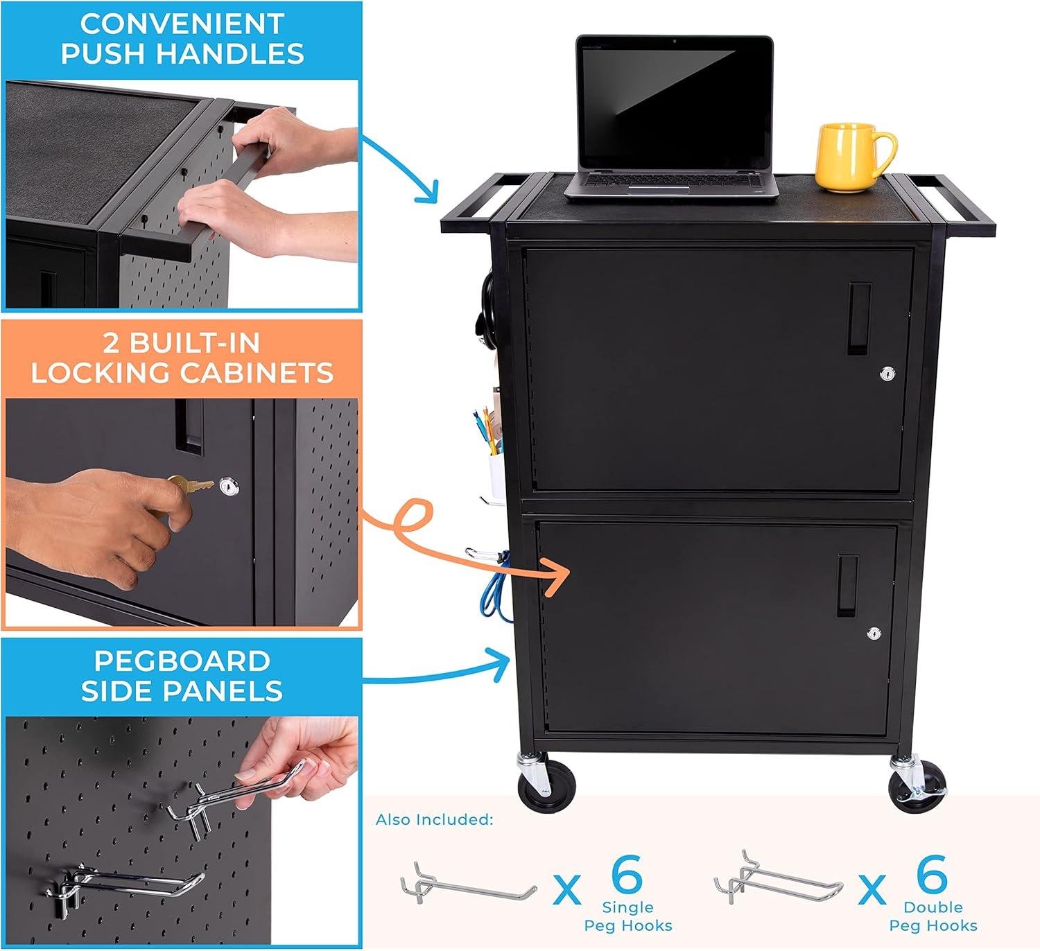 Line Leader Stellar AV Cart / Carro para Computadora con Guarnición de Tablero Perforado y 12 Ganchos para Almacenamiento/armario de Bloqueo Personalizable y Bandeja para Teclado Extraíble / Tomas de Corriente Certificadas de Seguridad UL / Ruedas de Bloqueo