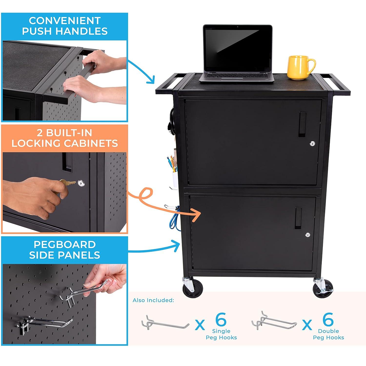 Line Leader Stellar AV Cart / Carro para Computadora con Guarnición de Tablero Perforado y 12 Ganchos para Almacenamiento/armario de Bloqueo Personalizable y Bandeja para Teclado Extraíble / Tomas de Corriente Certificadas de Seguridad UL / Ruedas de Bloqueo