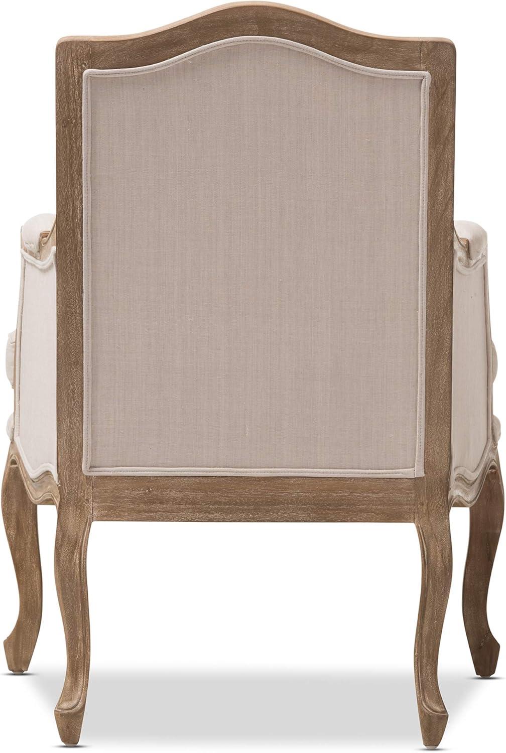 Beige Linen and Distressed Wood French Accent Chair