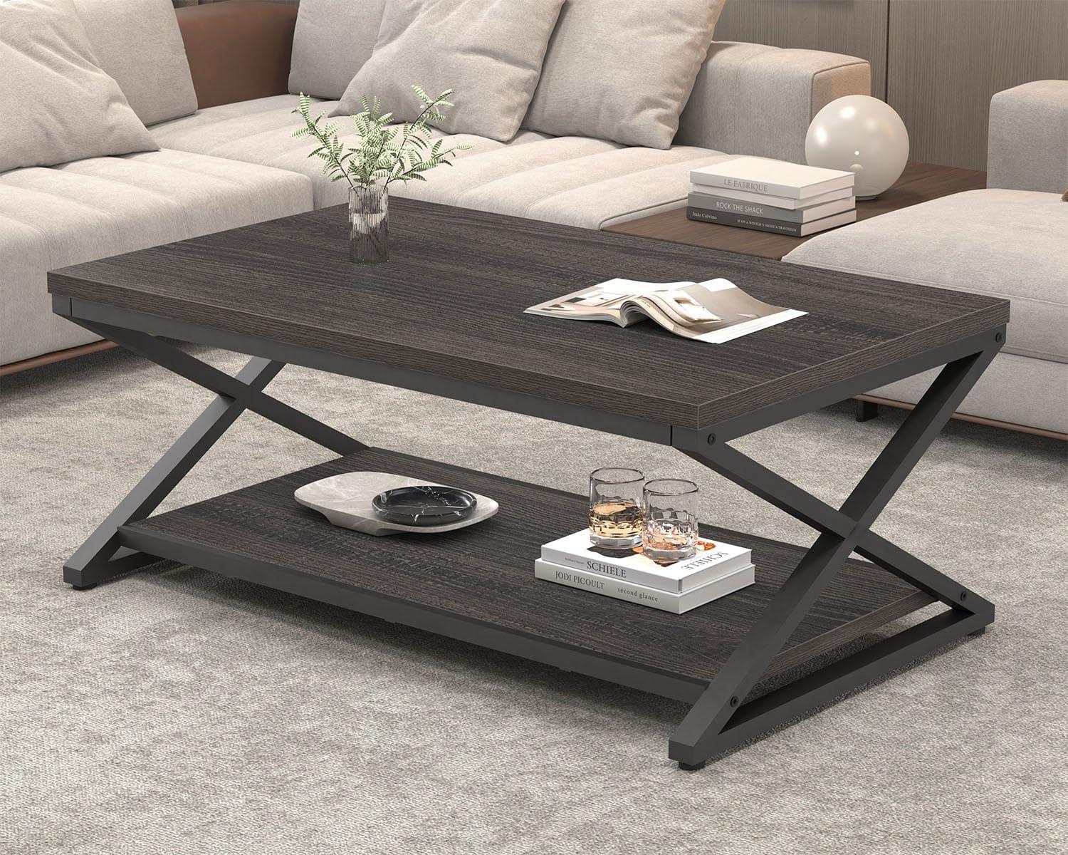 47 Inch Table with Storage Shelf, 2 Tier Rectangle Center Table Minimalist Home Tea Coffee Table