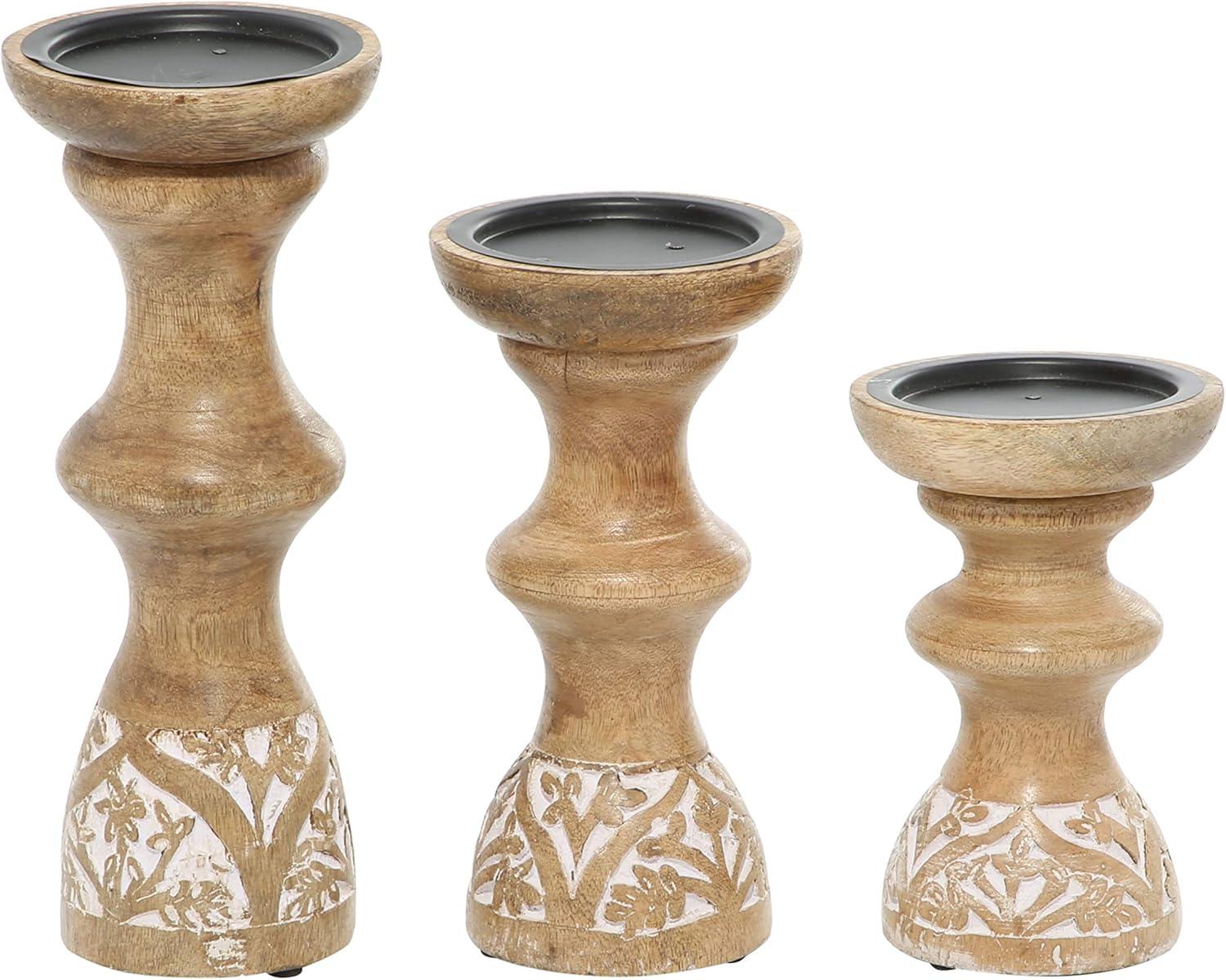 DecMode 3 Candle Brown Wood Candle Holder, Set of 3