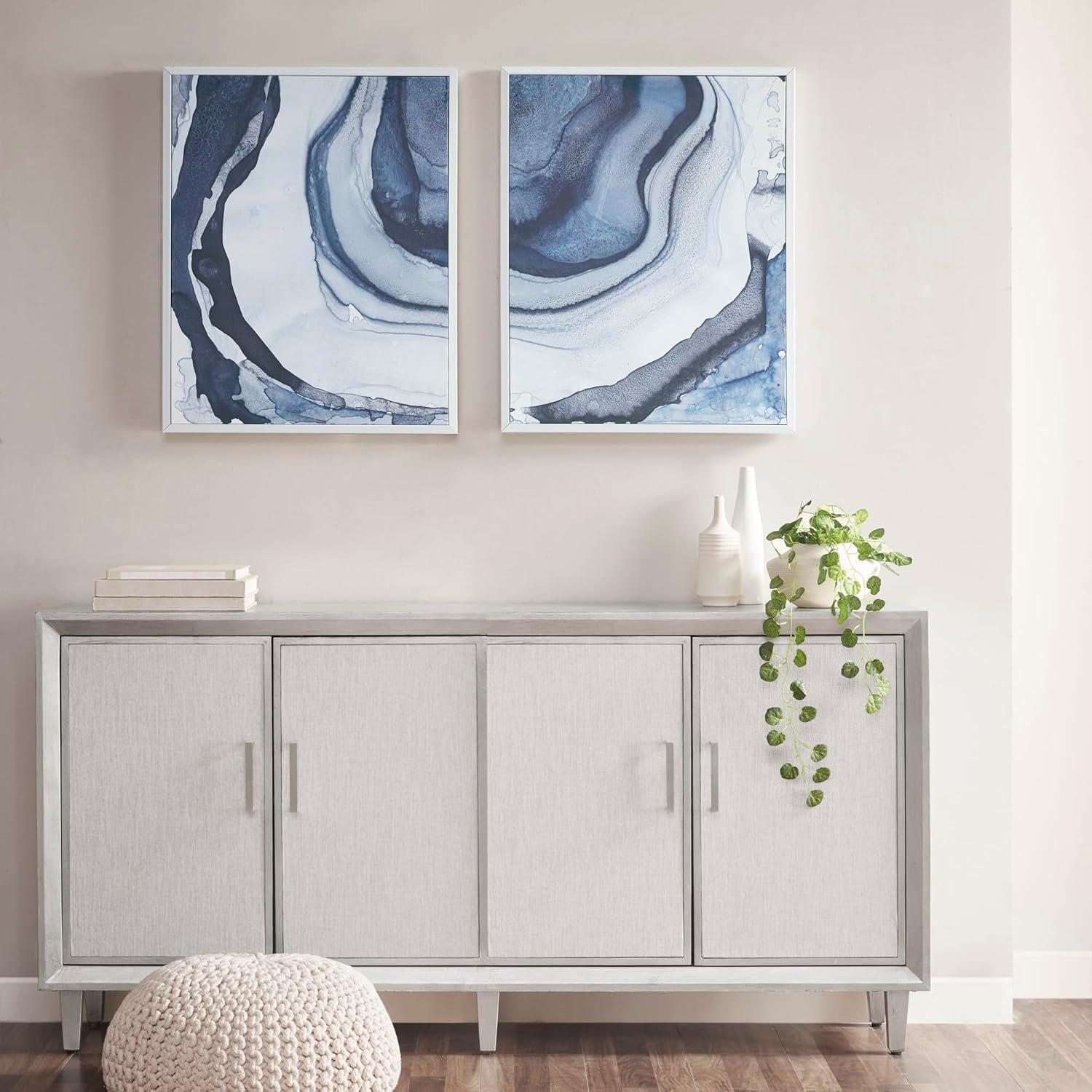 Ethereal Blue Abstract Canvas Wall Art Set with White Frame