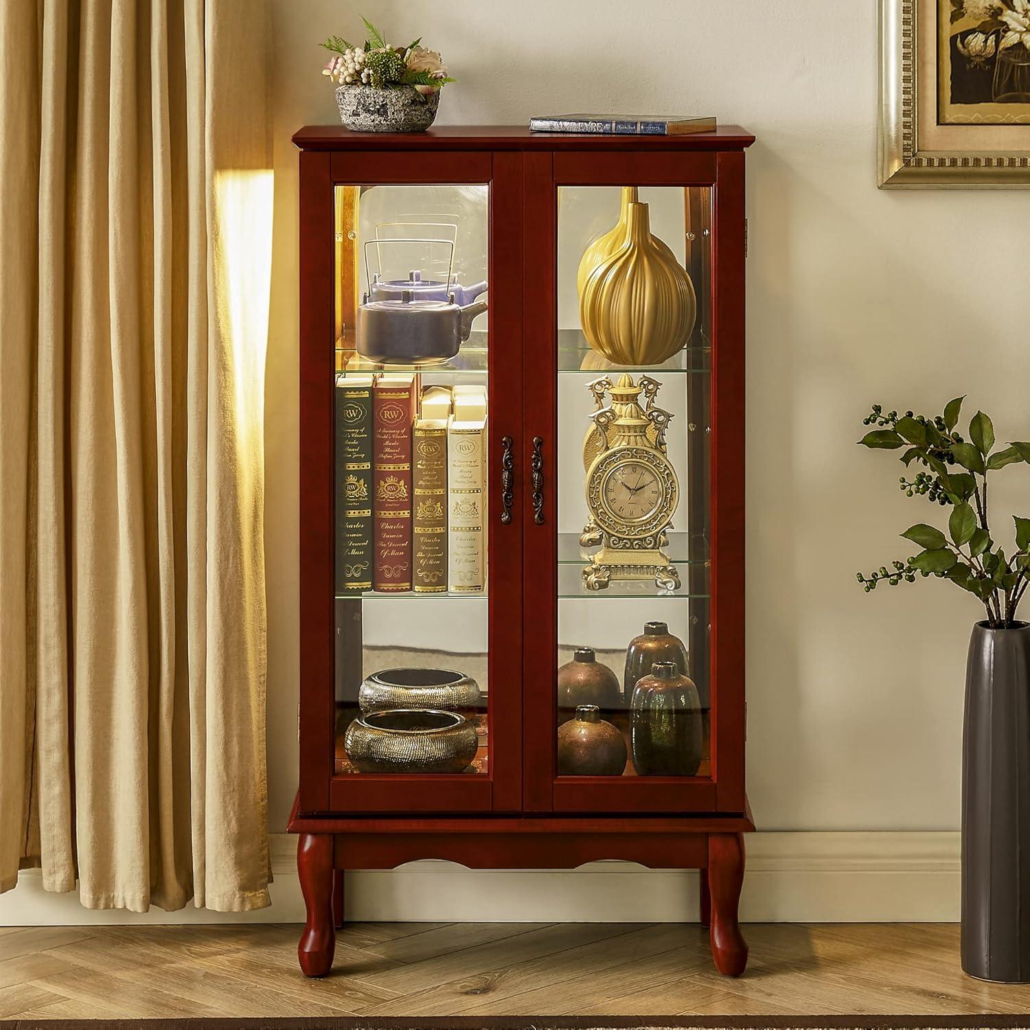 Cherry Lighted Curio Cabinet with Glass Shelves and Mirrored Back