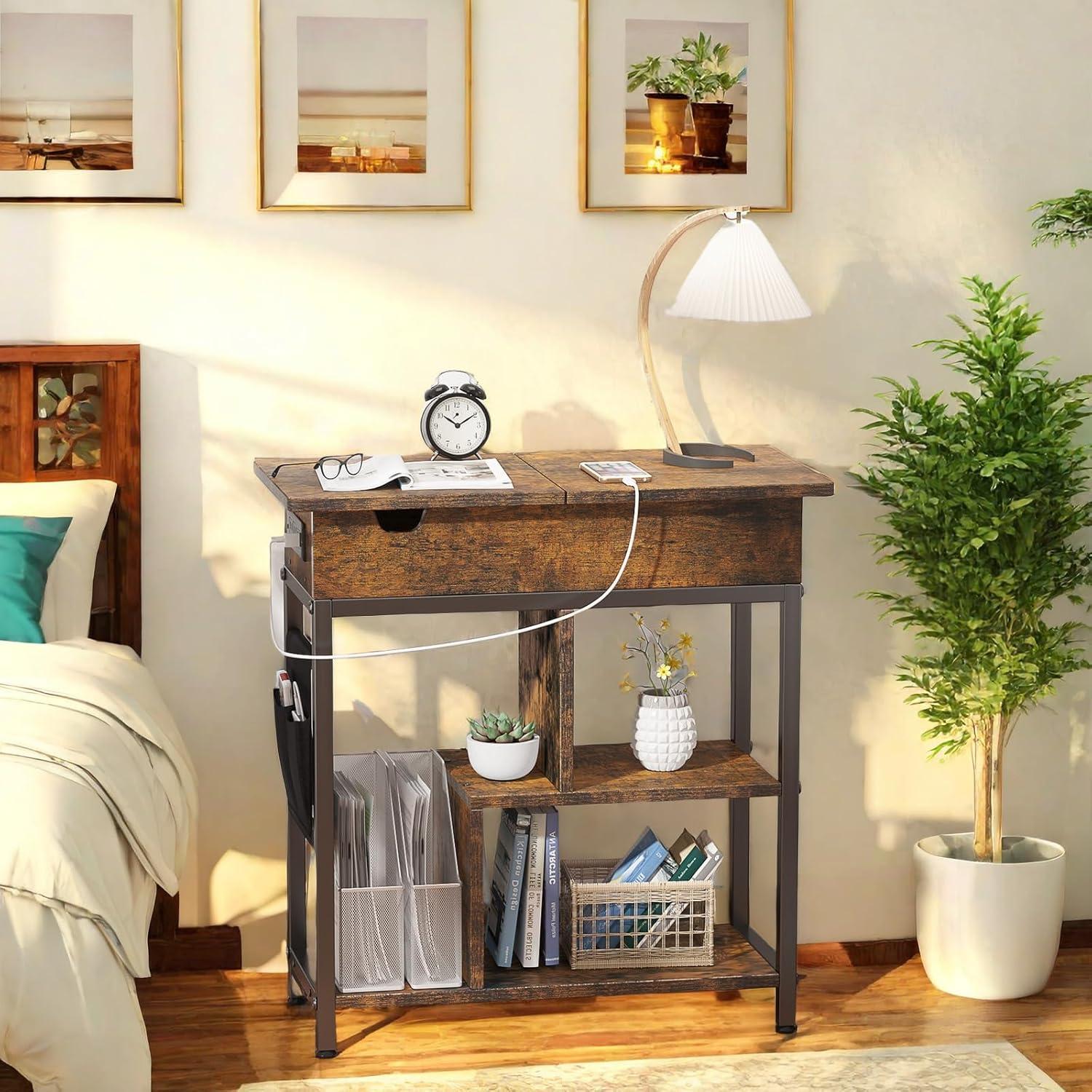 Rustic Brown and Black Side Table with Charging Station and Shelves