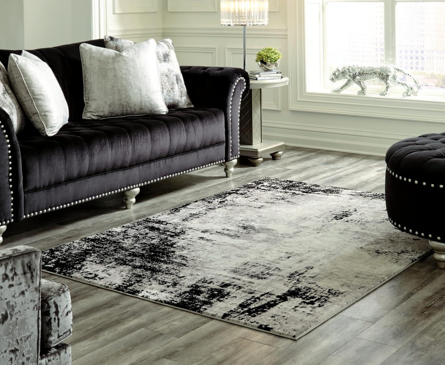 Zekeman Black and Gray Abstract Small Synthetic Rug