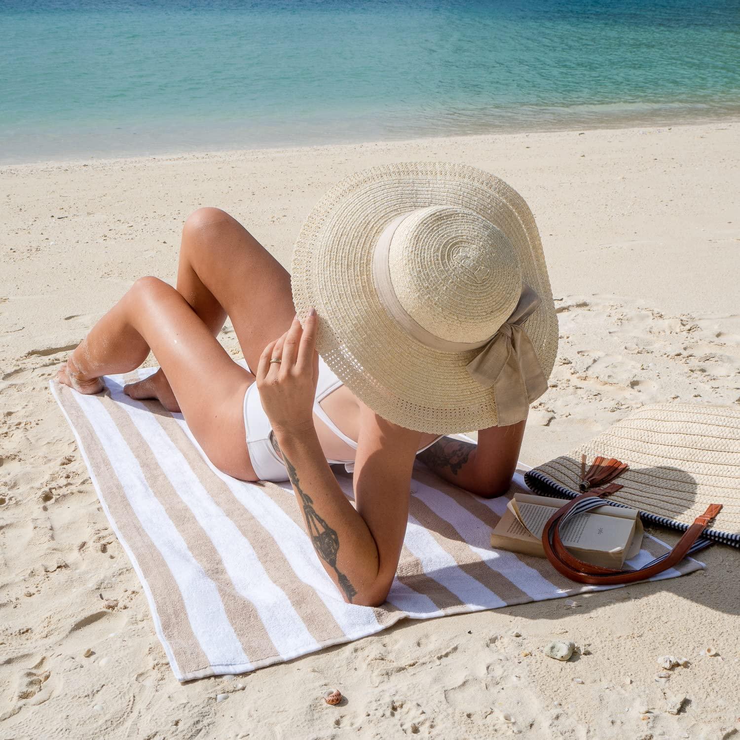 Arkwright Cali Cabana Stripe Beach Towel - Bulk Case of 32 - Soft 100% Cotton Lightweight Quick Dry Terry Towels Set for Pool, Swim, and Hot Tub, 30 x 60 in, Beige