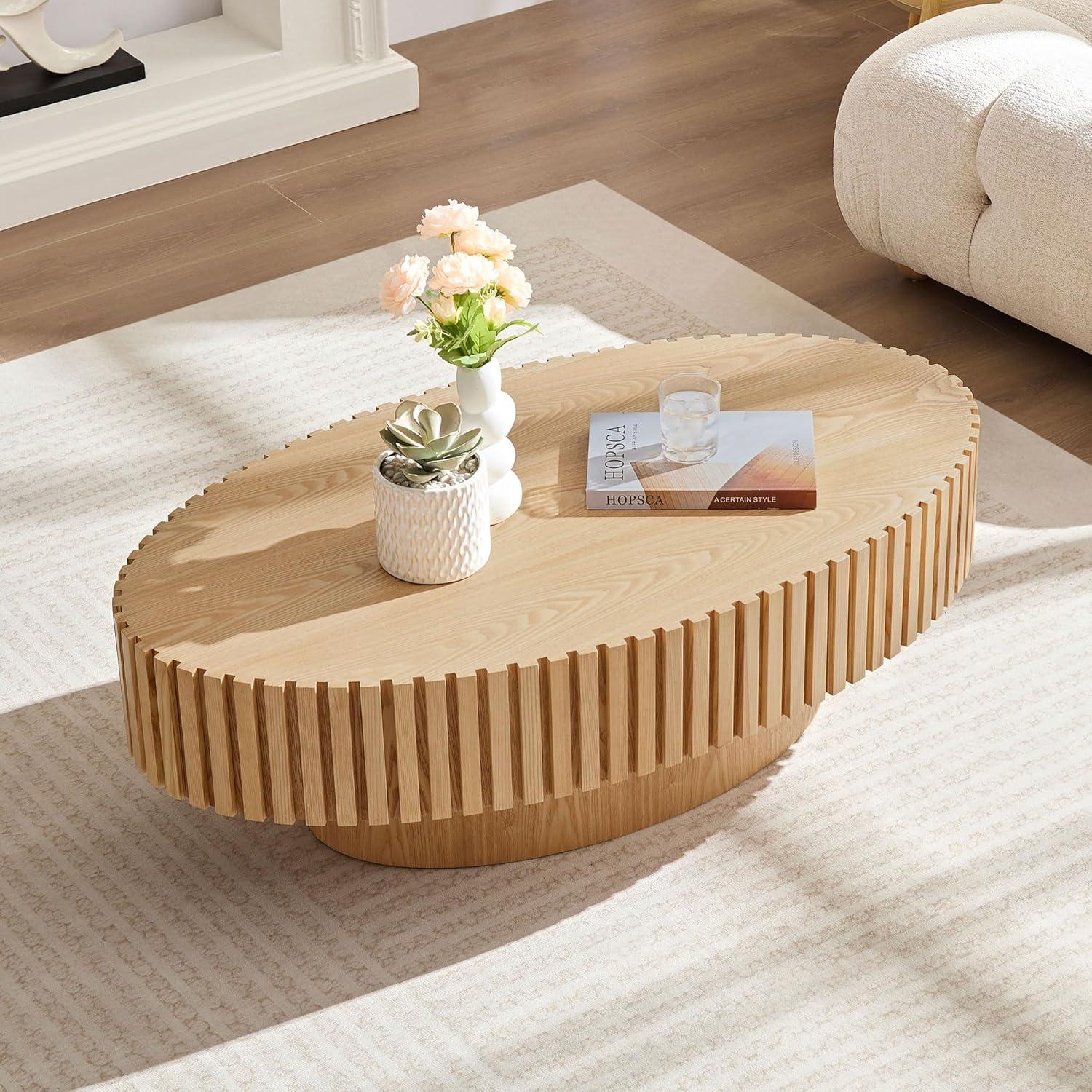 Oak Fluted Oval Coffee Table with Pedestal Base