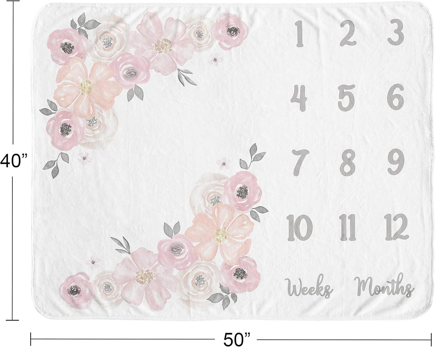 Sweet Jojo Designs Girl Baby Milestone Blanket Watercolor Floral Pink and Grey