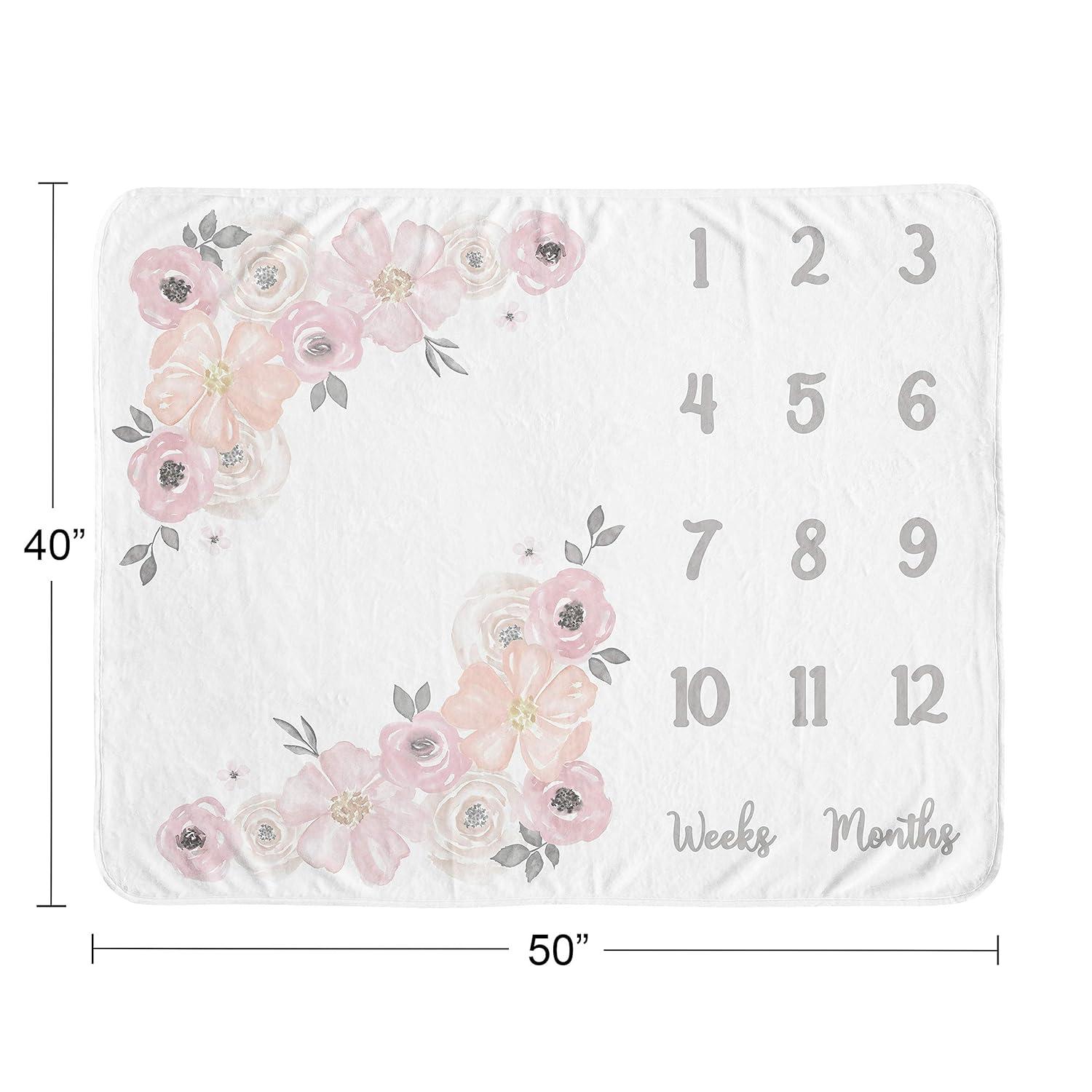 Sweet Jojo Designs Girl Baby Milestone Blanket Watercolor Floral Pink and Grey