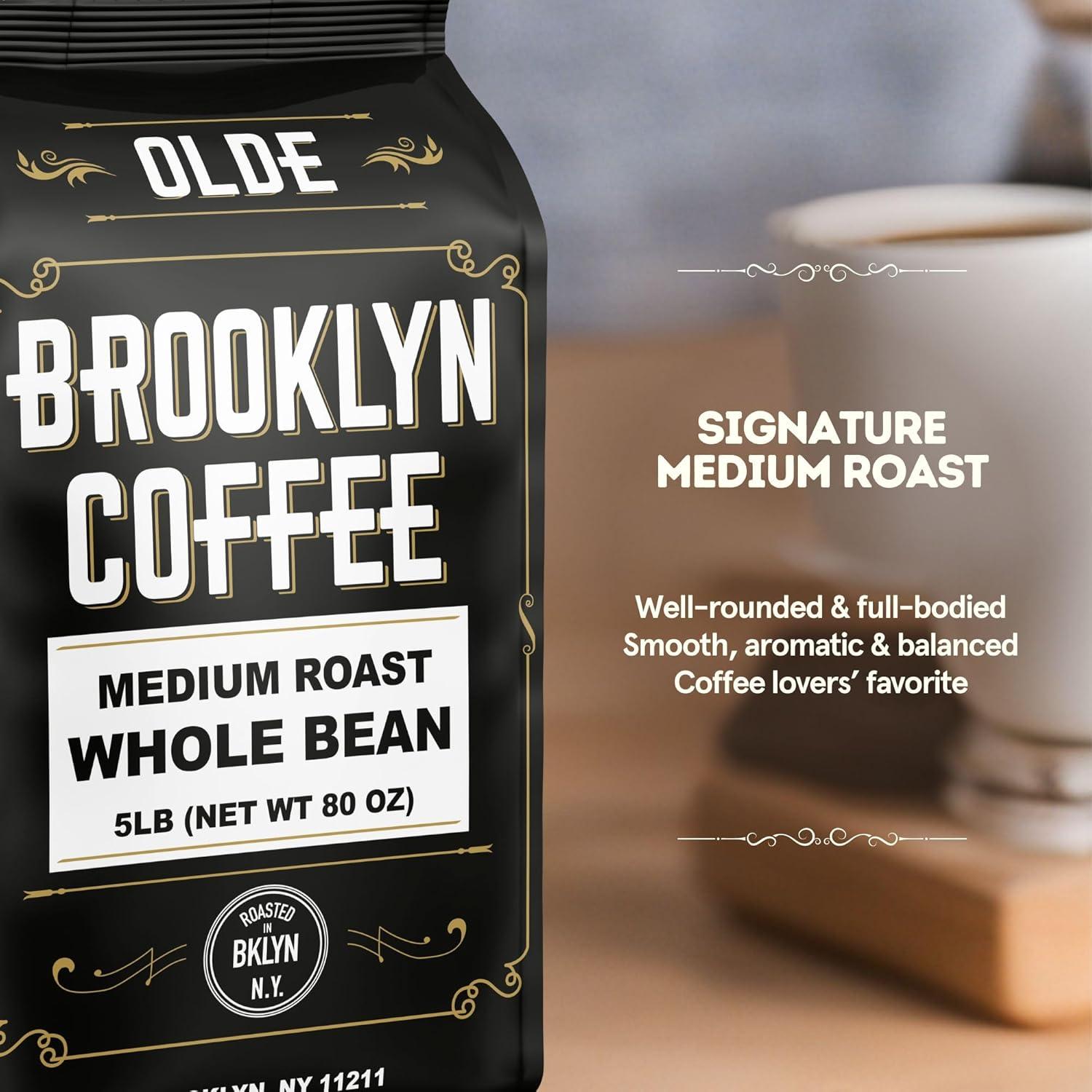 BROOKLYN COFFEE Whole Bean, Classic Medium Roast (5lb) Balanced, Smooth, Mellow - Fresh Bulk Coffee Beans Roasted Weekly in NYC
