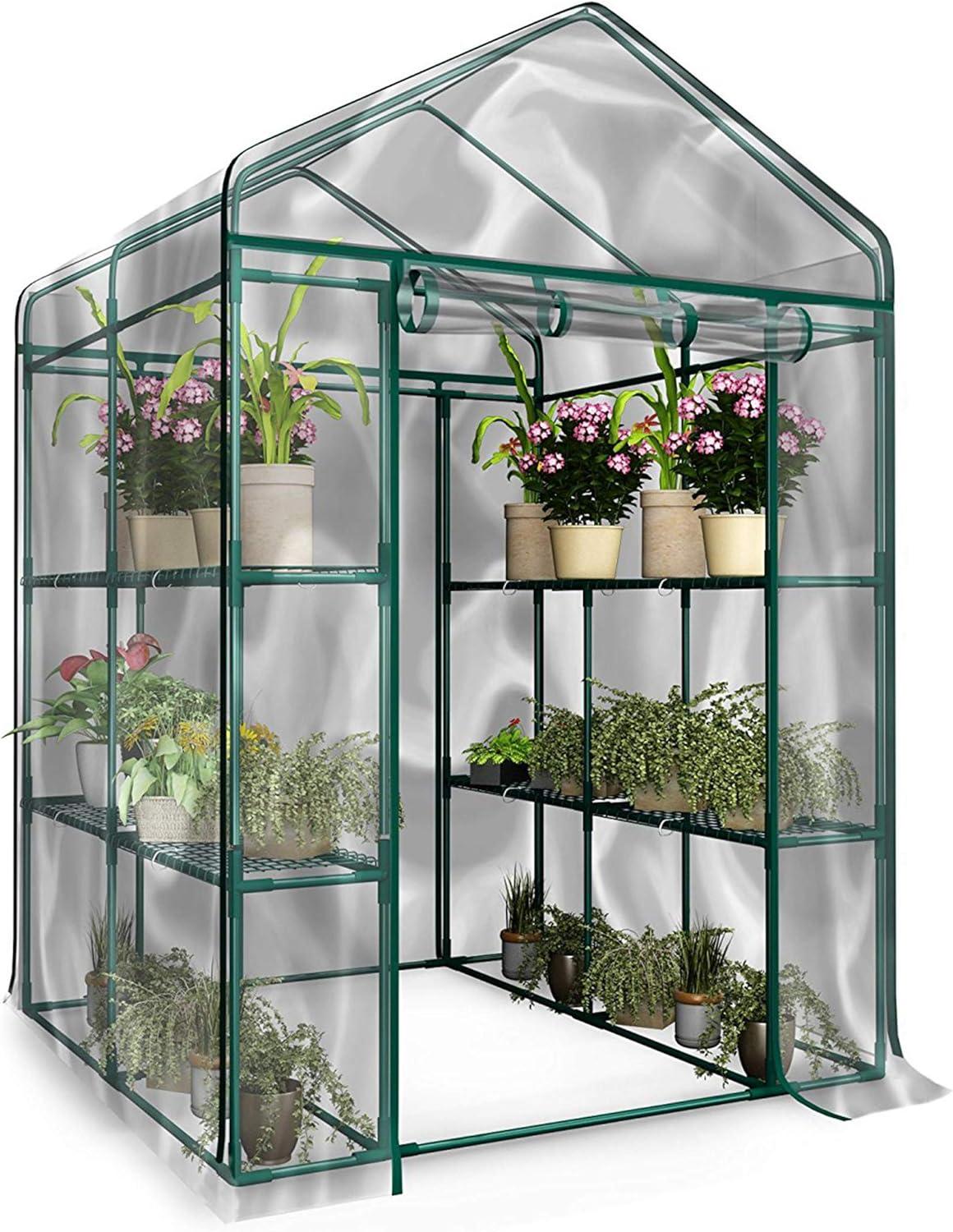 Green Walk-In Greenhouse with 8 Shelves and PVC Cover