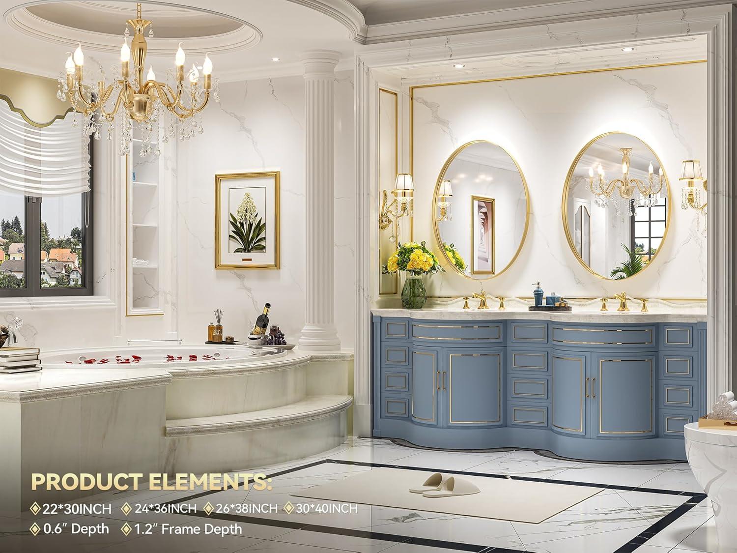 Brightify Gold Oval Mirror for Bathroom 24x36 Inch, Oval Vanity Mirror Gold Metal Frame, Modern Wall Mirror for Bedroom Living Room Farmhouse Fireplace Entryway, Hangs Horizontal or Vertical