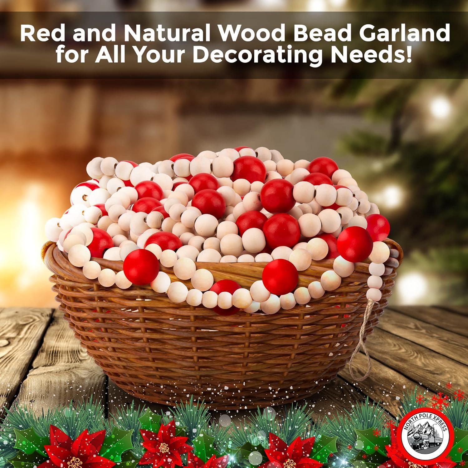 NorthPoleXpress Red & Natural Wooden Christmas Tree Garland, 9 Foot, Red & Natural Wood, Rustic Country Farmhouse Vintage, Assorted Bead Sizes