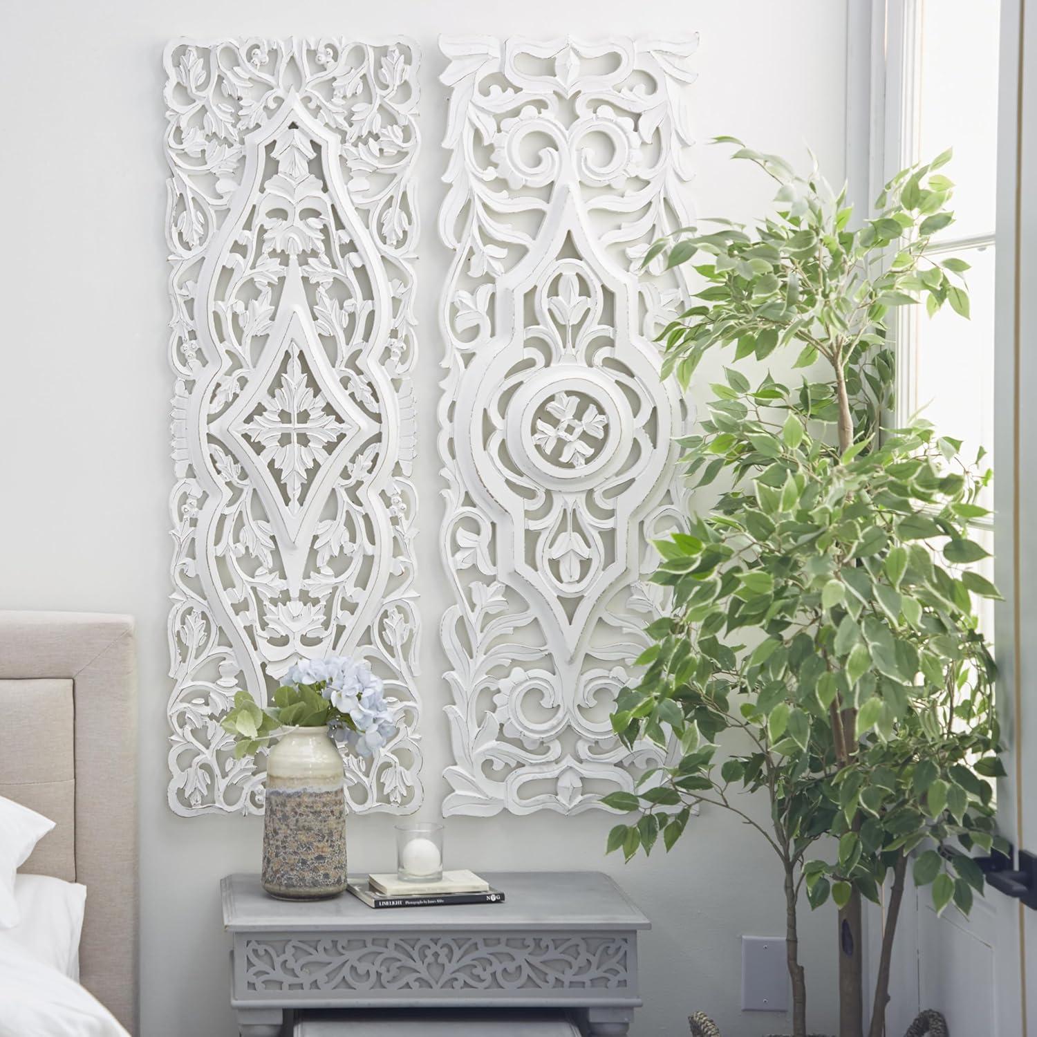 DecMode White Wood Handmade Intricately Carved Arabesque Floral Wall Decor (2 Count)