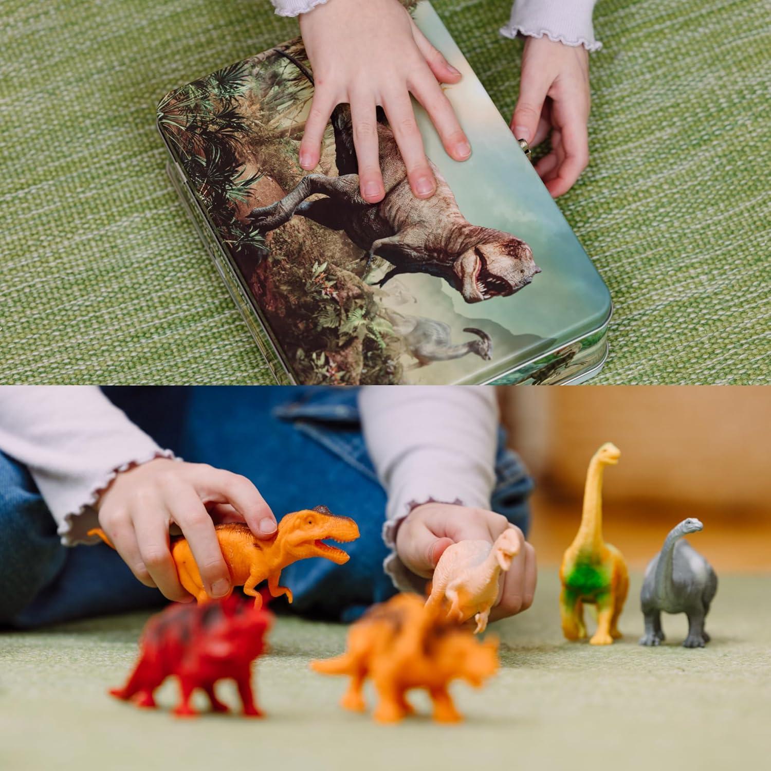PLAYVIBE Dinosaur Toys for Kids - 12 Realistic Small Dinosaur Figures with Metal Storage Box & Soft Dino for Boys and Girls 3-7 Years - Spinosaurus Toddler Toys