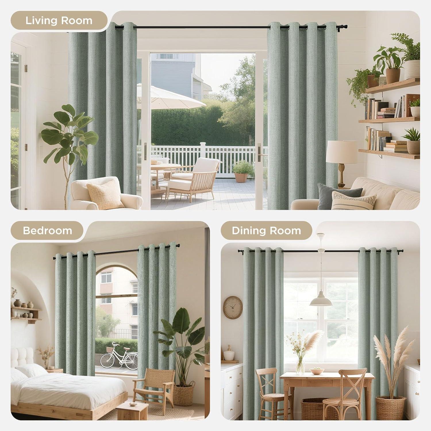 COSVIYA 100% Blackout Sage Green Linen Curtains & Drapes 84 Inch Length 2 Panels Set, Full Room Darkening Grommet Insulated Thermal Window Panels for Bedroom/Living Room,52x84 inches