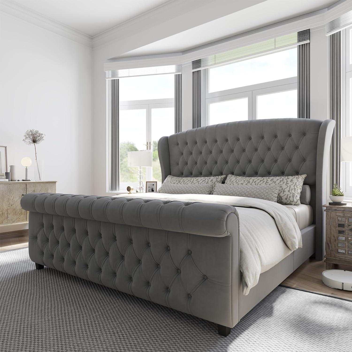 Dulane Chenille / Velvet Upholstered Sleigh Bed with Scroll Wingback Headboard