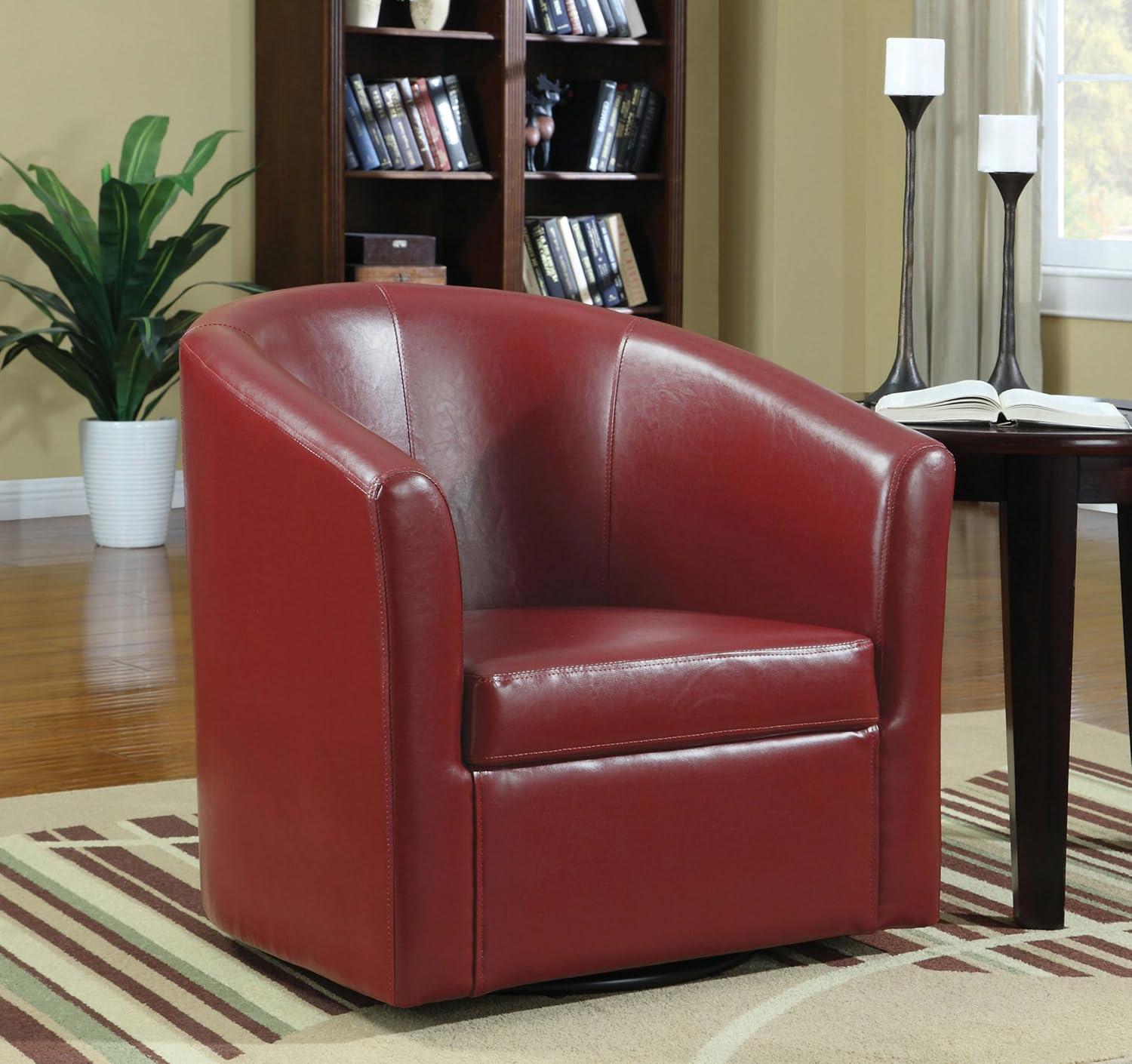 Coaster Contemporary Faux Leather Swivel Barrel Back Accent Chair in Red