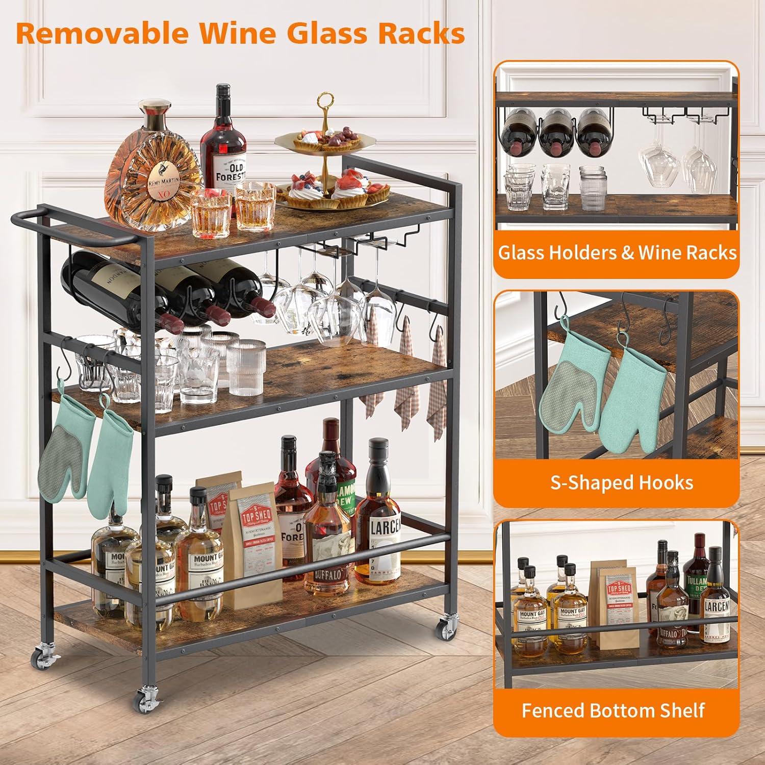 Bar Cart with Basket 3 Tiers Home Rolling Wine Rack with Wheels Mobile Kitchen Industrial Vintage Style Wood Metal Serving Trolley Serving Cart,Glass Holder Bar Cabinet