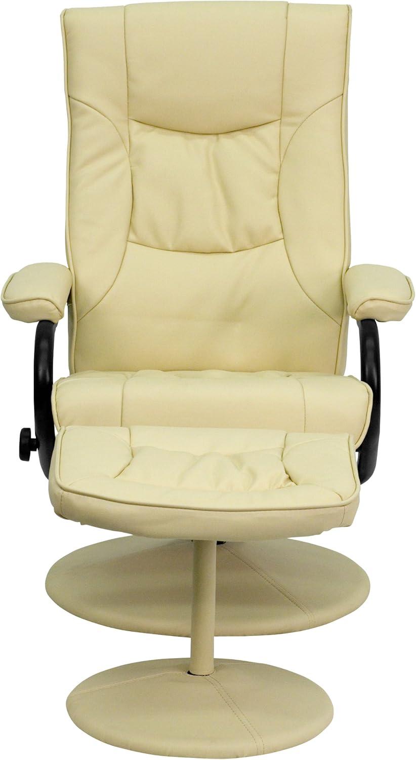 Cream Leather Swivel Recliner with Ottoman and Metal Base